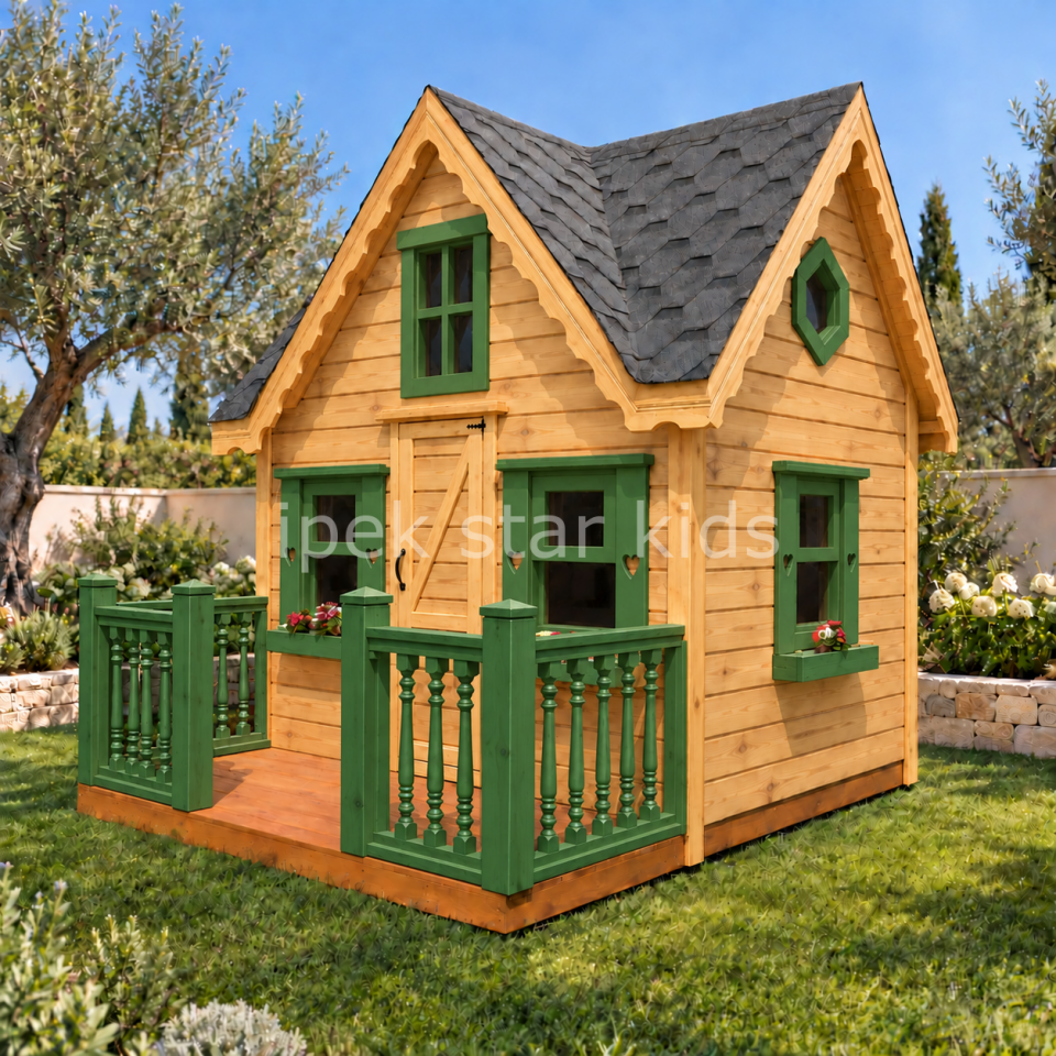 Doğal Ahşap Verandalı Çocuk Oyun Evi 250×250×H230 cm