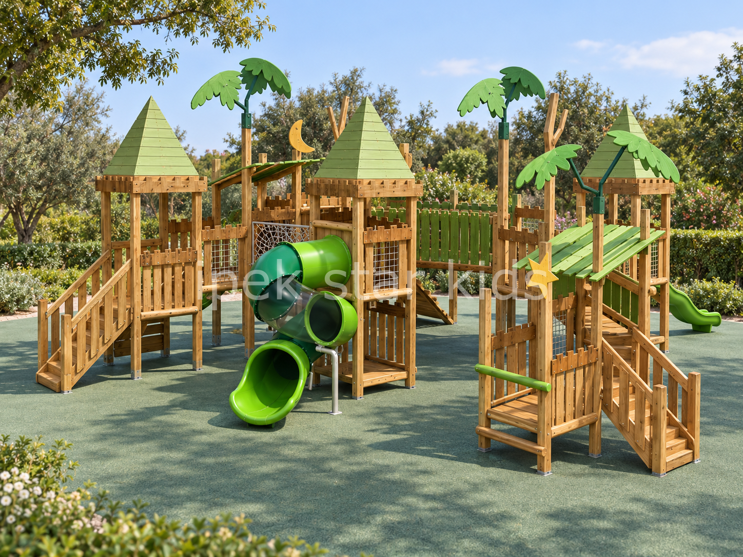 Palmiye Macera 2 açık ve 1 tüp kaydıraklı büyük ahşap oyun parkı