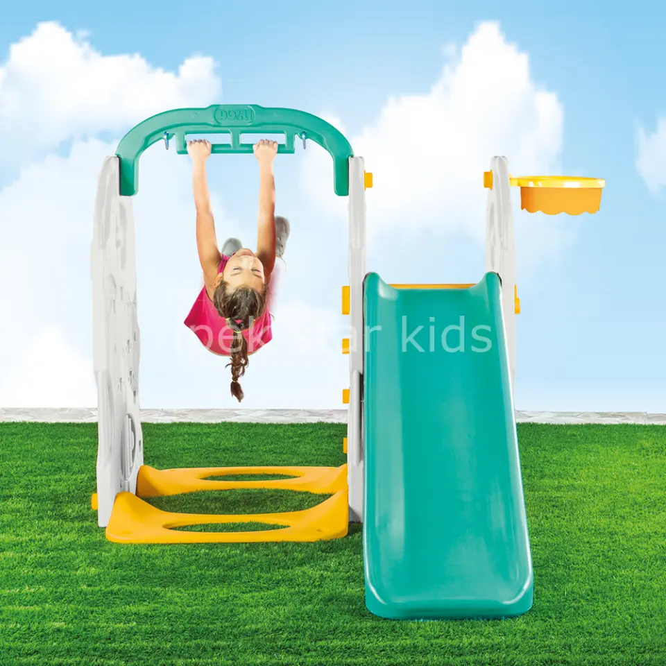 Kaydıraklı salıncaklı çocuk park seti barfiks ve basket potalı 124x156x170 cm