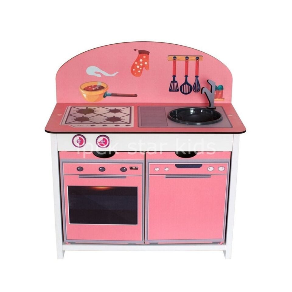 Çocuk Ahşap Pembe Mutfak 62×30×57 cm | Eğitici Rol Oyunu Seti