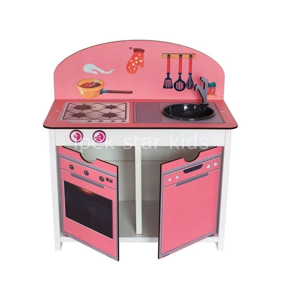 Çocuk Ahşap Pembe Mutfak 62×30×57 cm | Eğitici Rol Oyunu Seti