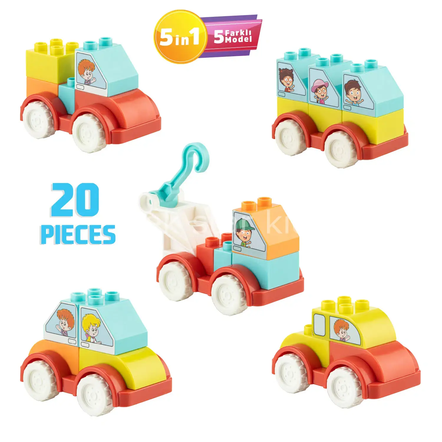 20 Parça Plastik Yapı Blokları Araçlar | Eğitici Araç Yapım Seti (Duplo Zemin Uyumlu)