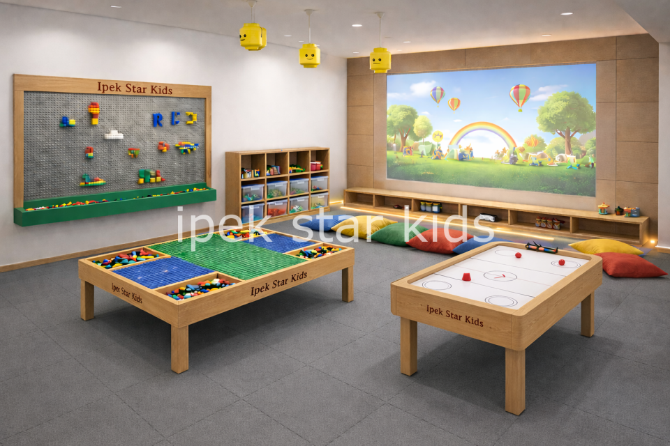 MiniClub Oyun Odası Seti otel mini club için lego masası duvar lego panosu dolap grubu minderler ve ahşap hockey masası