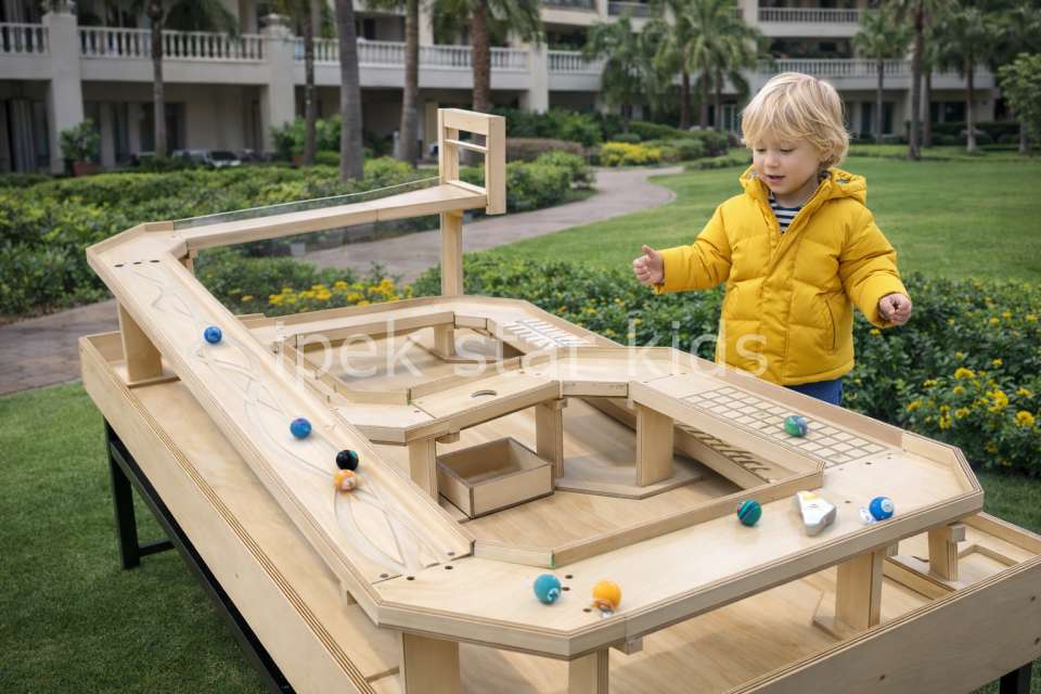 Bilye Grand Prix 150x100 cm ahşap bilye yarış oyunu otel mini club oyun alanı