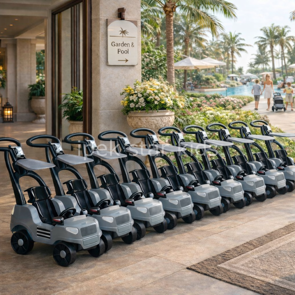 Çocuk dostu otel bahçesi için gezdirme arabası filosu