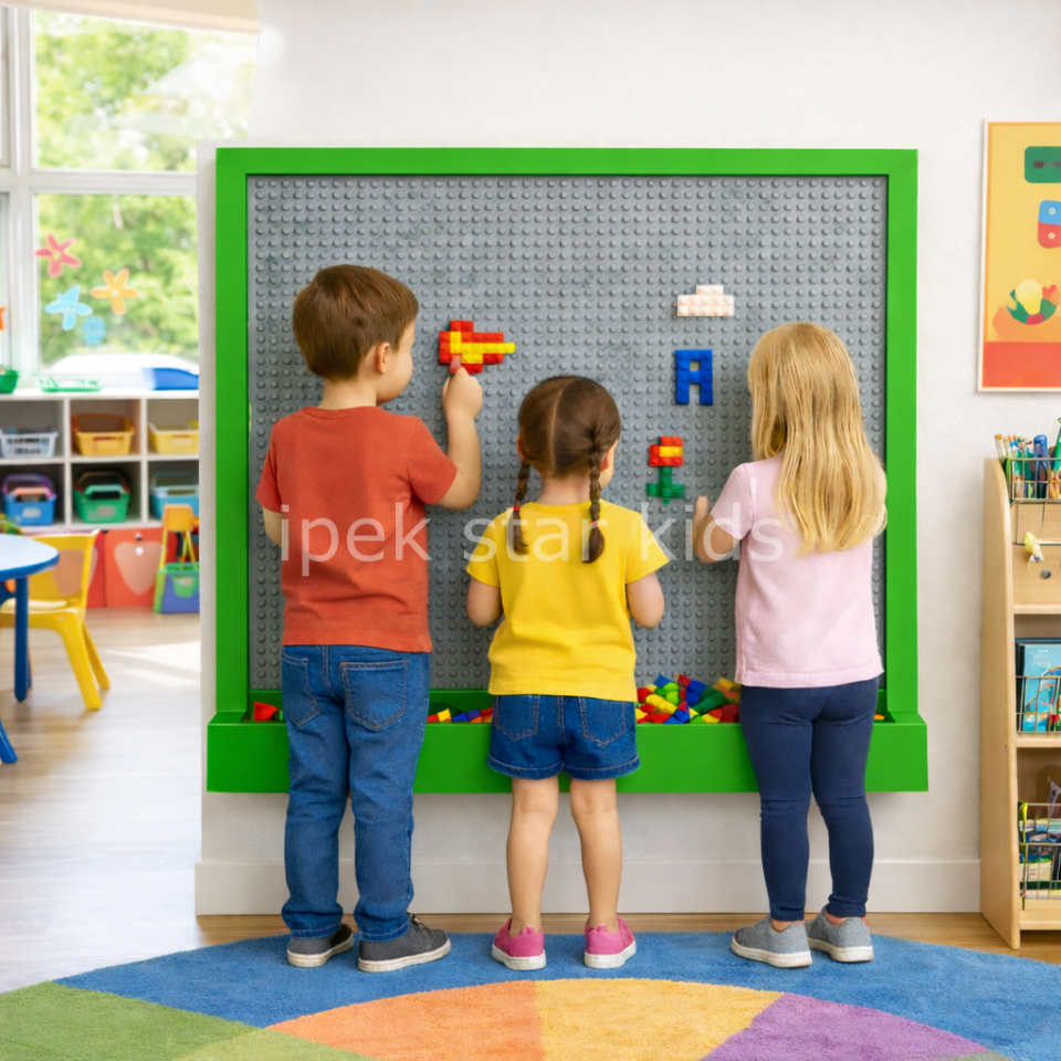 Duvara monte lego paneli 130x110 cm MDF Lam anaokulu lego duvarı