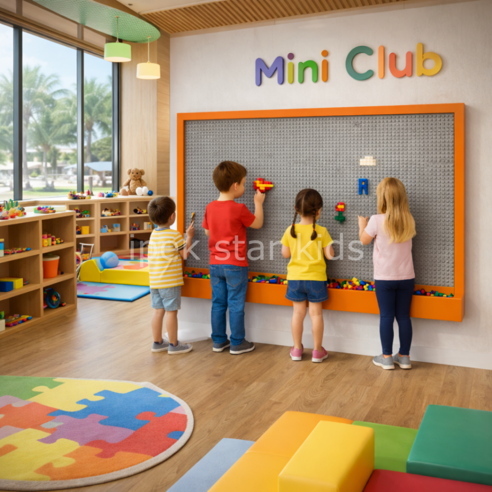 Otel mini club oyun alanında kullanılan eğitici lego oyun duvarı – anaokulu ve çocuk oyun alanı lego paneli