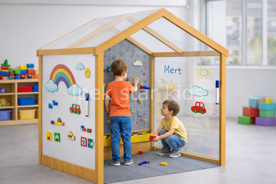 Ahşap Aktivite Oyun Evi – Çocuklar İçin Lego, Yazı ve Çizim Alanlı Eğitici Oyun Evi