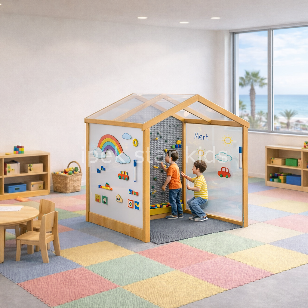 Akıllı Oyun Evi – Lego Duvarlı ve Manyetik Yazı Tahtalı Ahşap Aktivite Evi