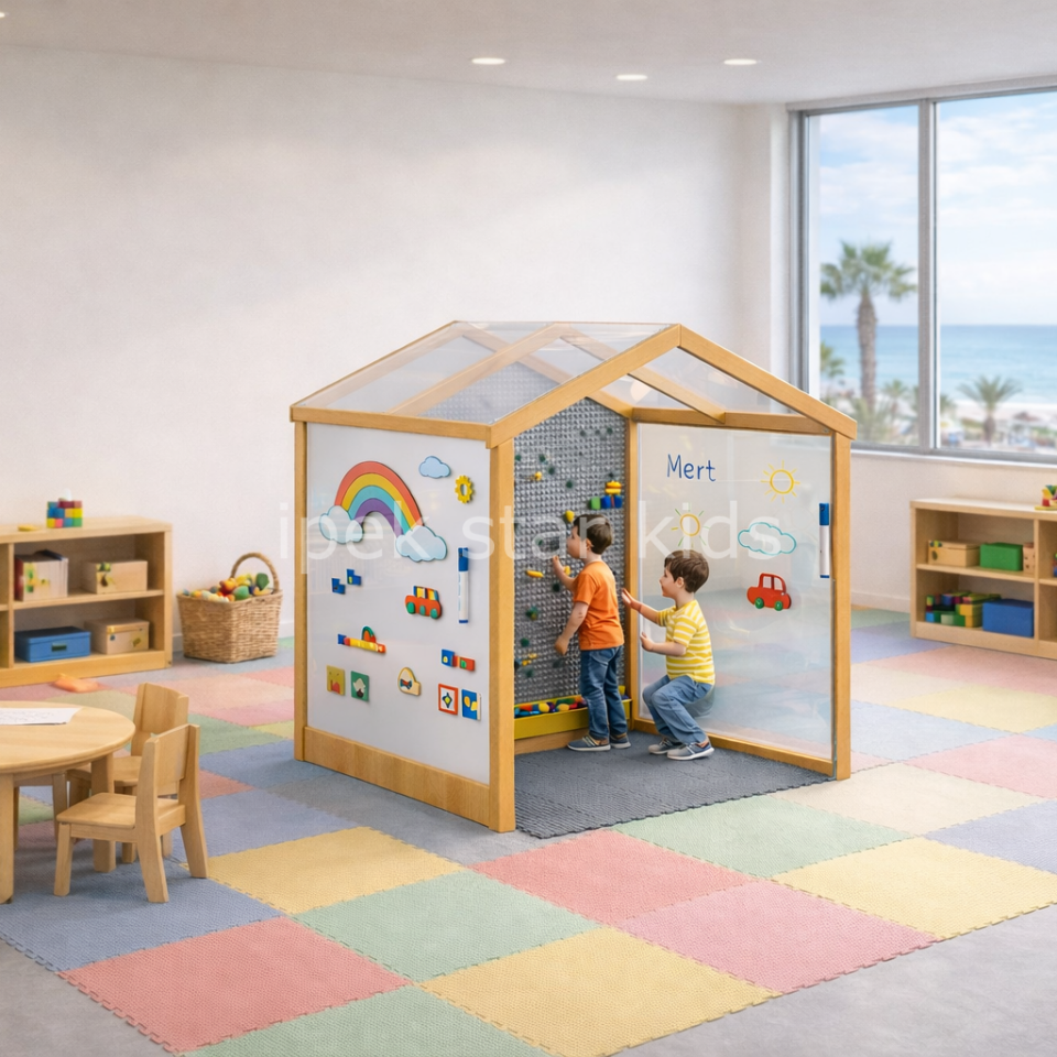 Akıllı Oyun Evi – Lego Duvarlı ve Manyetik Yazı Tahtalı Ahşap Aktivite Evi