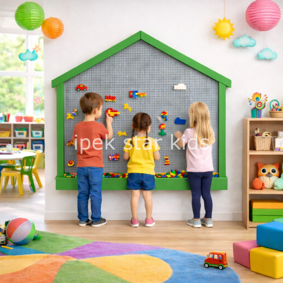 house shaped lego wall panel for kids activity area