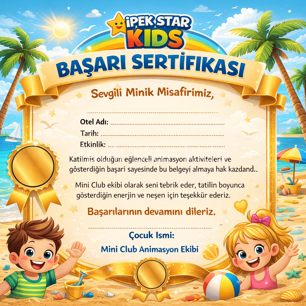 otel animasyon başarı sertifikası çocuk ödül belgesi