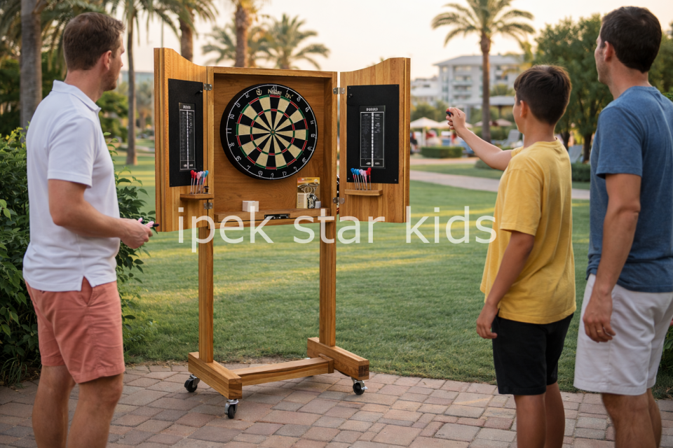 Tekerlekli Ahşap Dart Standı, otel mini club alanlarında kullanılan mobil ve dayanıklı profesyonel dart sistemi