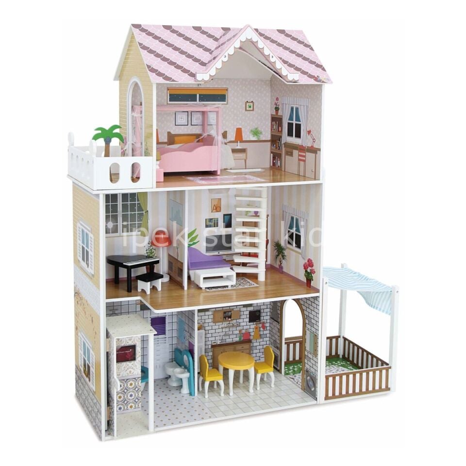 Ahşap 3 KATLI 15 Parça Aksesuarlı Oyun Evi