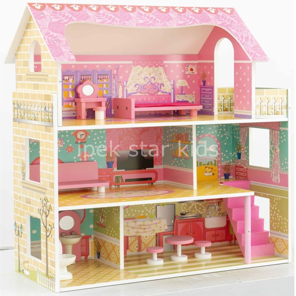 Ahşap 3 Katlı 10 Parça Aksesuarlı Oyun Evi